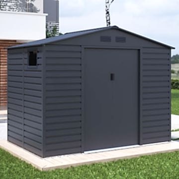 9' x 7' Lotus Hypnos Apex Metal Shed - Grey (2.77m x 1.95m) 9' x 7' Lotus Hypnos Apex Metal Shed - Grey (2.77m x 1.95m)