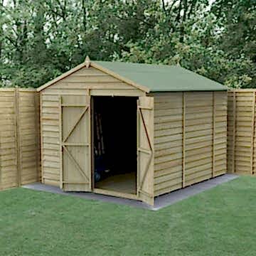 10' x 8' Forest 4Life 25yr Guarantee Overlap Pressure Treated Windowless Double Door Apex Wooden Shed (3.01m x 2.61m)