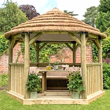 12'x10' (3.6x3.1m) Luxury Wooden Furnished Garden Gazebo with Country Thatch Roof - Seats up to 10 people
