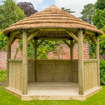 12'x10' (3.6x3.1m) M&M Hexagonal Gazebo with Country Thatch Roof (Inc. Cream Roof Lining)