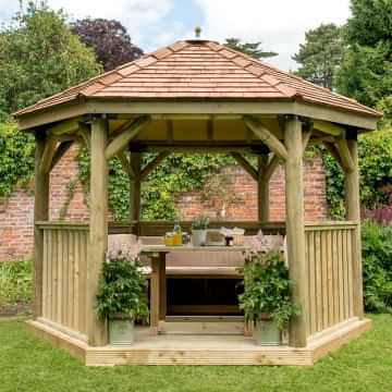 12'x10' (3.6x3.1m) Luxury Wooden Furnished Garden Gazebo with New England Cedar Roof - Seats up to 10 people 