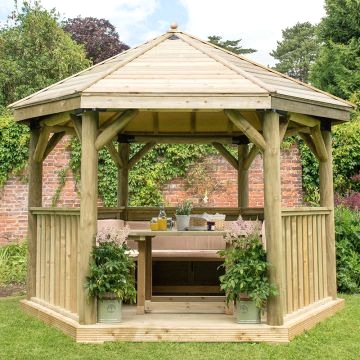 12'x10' (3.6x3.1m) Luxury Wooden Furnished Garden Gazebo with Traditional Timber Roof - Seats up to 10 people