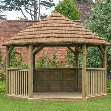 15'x13' (4.7x4m) M&M Hexagonal Gazebo with Country Thatch Roof (Inc. Cream Roof Lining)