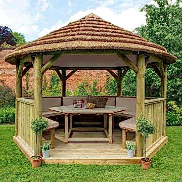 13'x12' (4x3.5m) Luxury Wooden Furnished Garden Gazebo with Country Thatch Roof - Seats up to 15 people