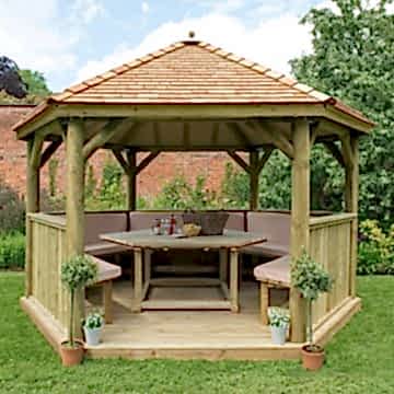 13'x12' (4x3.5m) Luxury Wooden Furnished Garden Gazebo with New England Cedar Roof - Seats up to 15 people