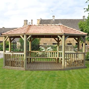 20'x15' (6x4.7m) Premium Oval Furnished Wooden Garden Gazebo with New England Cedar Roof - Seats up to 27 people