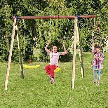 Trigano Piki Kids Wooden Double Garden Swing with Rope Ladder 