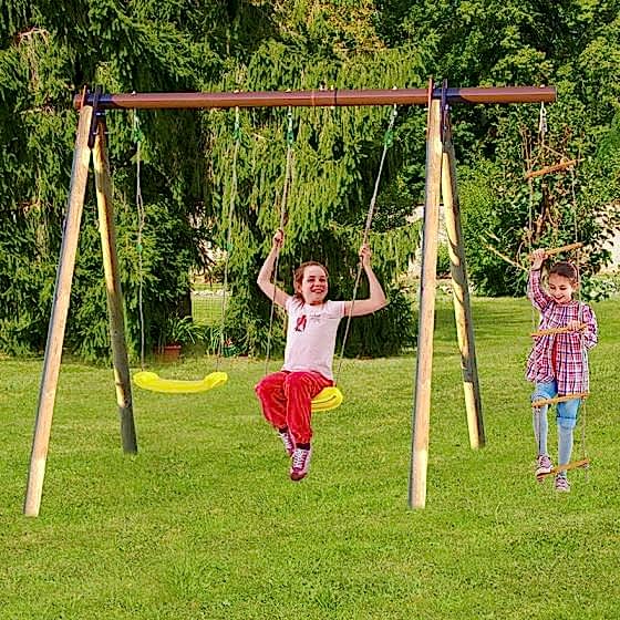 Trigano Piki Kids Wooden Double Garden Swing with Rope Ladder
