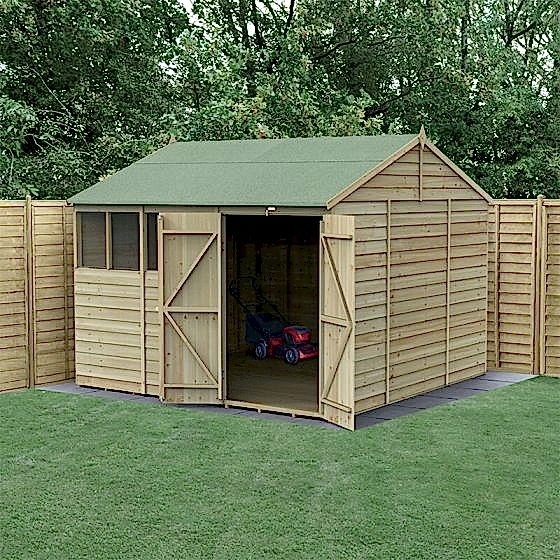 10' x 10' Forest 4Life 25yr Guarantee Overlap Pressure Treated Double Door Reverse Apex Wooden Shed - 4 Windows (3.21m x 3.01m)
