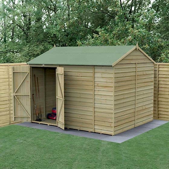 10' x 8' Forest 4Life 25yr Guarantee Overlap Pressure Treated Windowless Double Door Reverse Apex Wooden Shed (3.01m x 2.61m)
