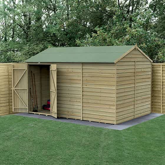 12' x 8' Forest 4Life 25yr Guarantee Overlap Pressure Treated Windowless Double Door Reverse Apex Wooden Shed (3.6m x 2.61m)