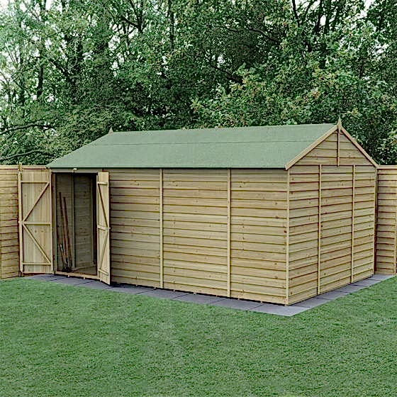 15' x 10' Forest 4Life 25yr Guarantee Overlap Pressure Treated Windowless Double Door Reverse Apex Wooden Shed (4.48m x 3.21m)