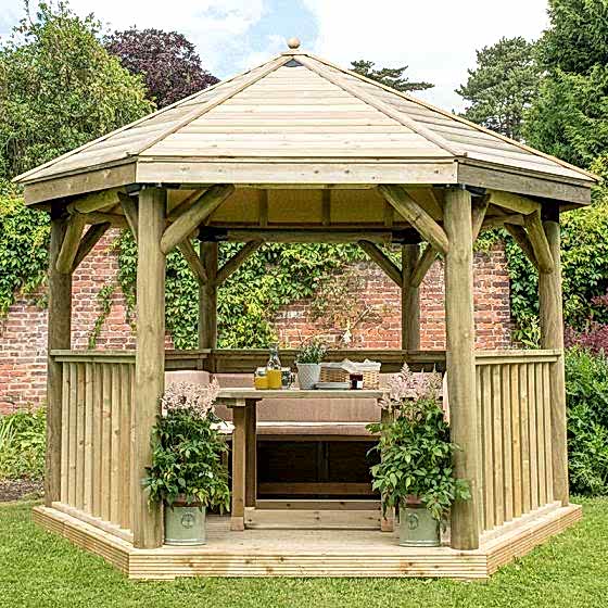 12'x10' (3.6x3.1m) Luxury Wooden Furnished Garden Gazebo with Traditional Timber Roof - Seats up to 10 people
