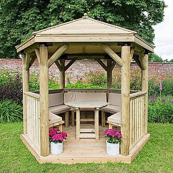 10'x9' (3x2.7m) Luxury Wooden Furnished Garden Gazebo with Traditional Timber Roof - Seats up to 10 people