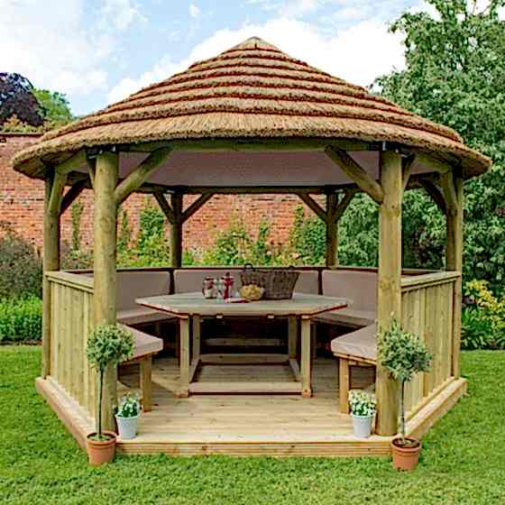 13'x12' (4x3.5m) Luxury Wooden Furnished Garden Gazebo with Country Thatch Roof - Seats up to 15 people