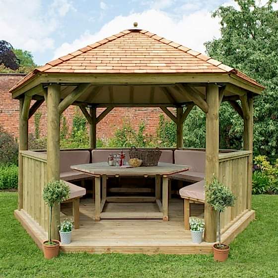 13'x12' (4x3.5m) Luxury Wooden Furnished Garden Gazebo with New England Cedar Roof - Seats up to 15 people