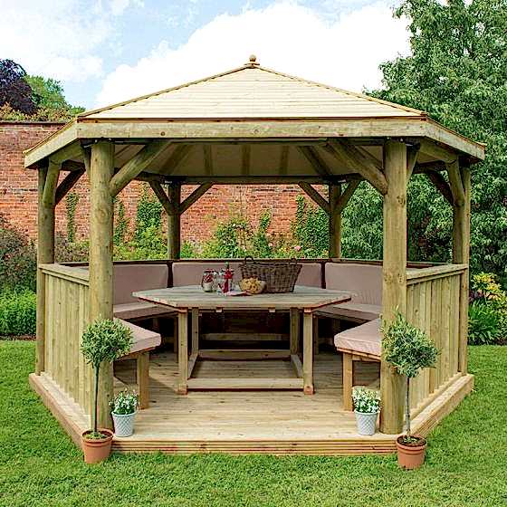 13'x12' (4x3.5m) Luxury Wooden Furnished Garden Gazebo with Traditional Timber Roof - Seats up to 15 people