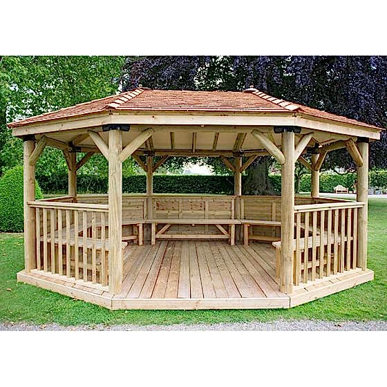 17'x12' (5.1x3.6m) Premium Oval Furnished Wooden Garden Gazebo with New England Cedar Roof - Seats up to 22 people