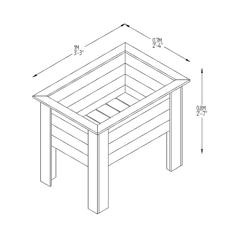 Forest Deep Root Wooden Garden Planter 3'x2' (1x0.7m) Technical Drawing