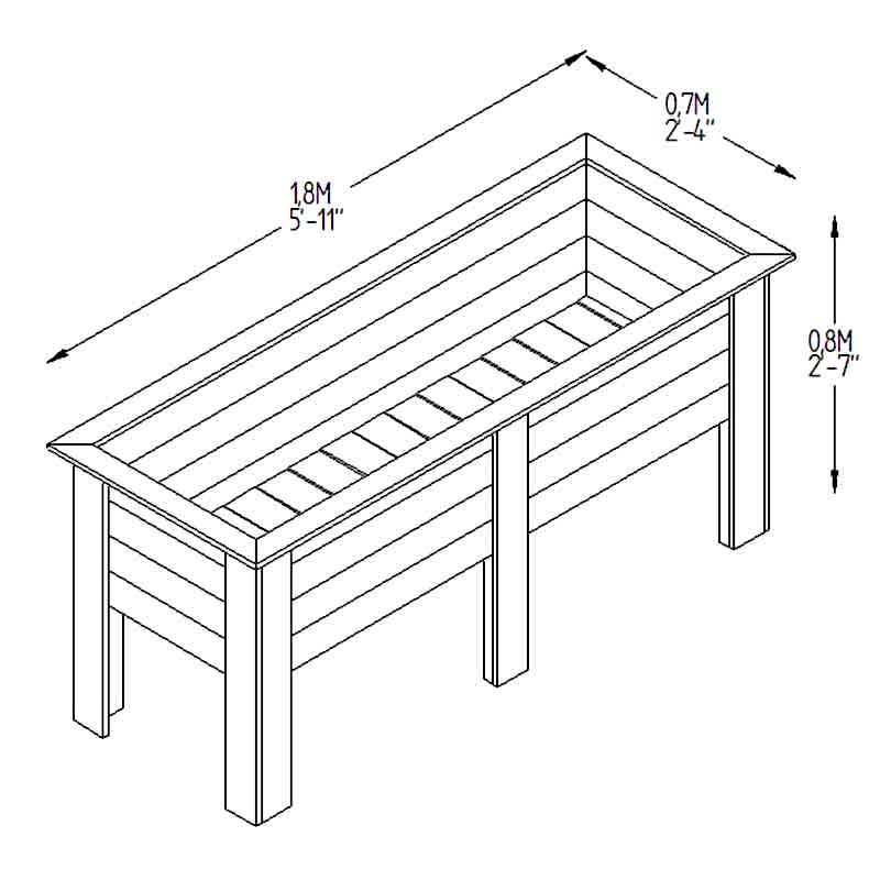 Forest Large Deep Root Wooden Garden Planter 6'x2' (1.8x0.6m) Technical Drawing