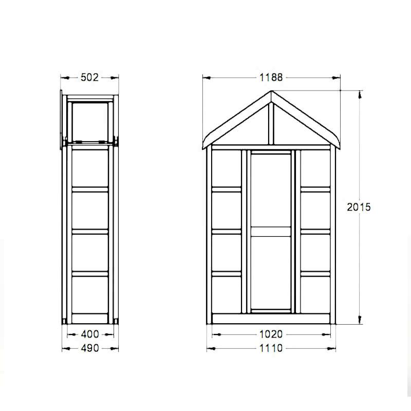 3'9 x 1'6 Forest Georgian Tall Wall Lean to Greenhouse with Auto Vent (1.19m x 0.5m) Technical Drawing