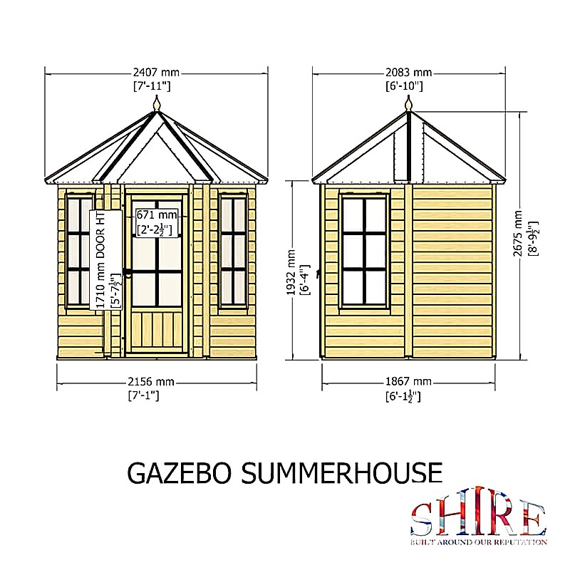 7'1 x 6'2 Shire Gazebo Hexagonal Summerhouse Technical Drawing