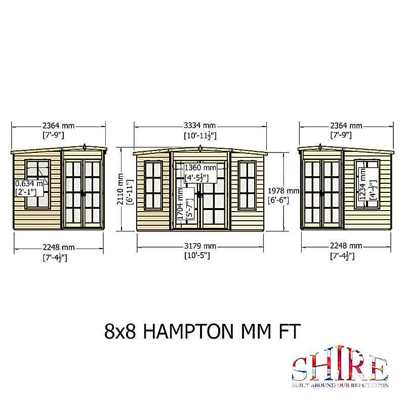 7'5 x 7'5 Shire Hampton Garden Summerhouse Technical Drawing