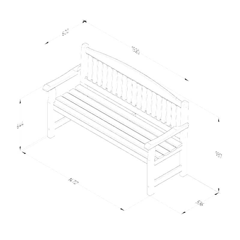 Forest Harvington Wooden Garden Bench 5’0 x 2’0 (1.52m x 0.60m) Technical Drawing