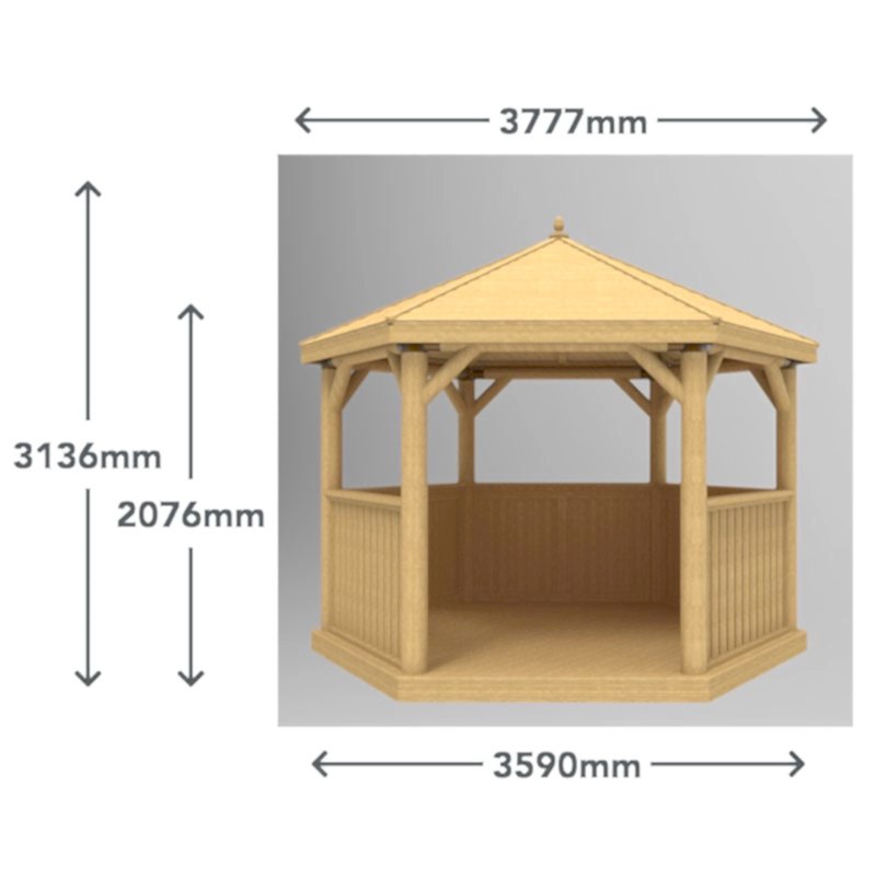 12'x10' (3.6x3.1m) Luxury Wooden Furnished Garden Gazebo with Country Thatch Roof - Seats up to 10 people Technical Drawing