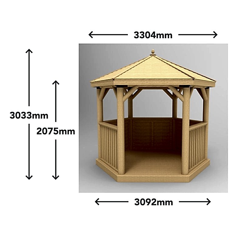 10'x9' (3x2.7m) Luxury Wooden Furnished Garden Gazebo with Thatched Roof - Seats up to 10 people Technical Drawing
