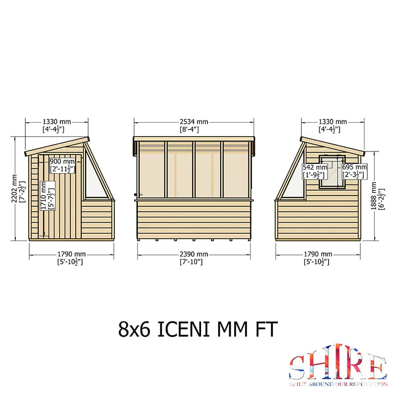 6' x 8' Shire Iceni Pent Potting Shed (1.83m x 2.5m) Technical Drawing
