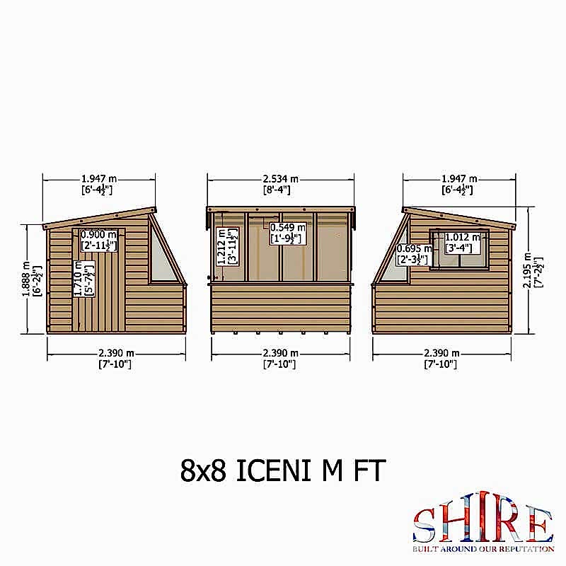 8' x 8' Shire Iceni Pent Potting Shed (2.5m x 2.5m) Technical Drawing