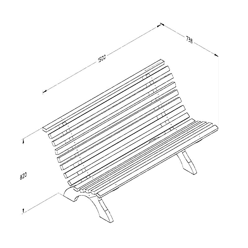 Forest Kuba Curved Wooden Garden Bench 4'11 x 2'5 (1.50m x 0.74m) Technical Drawing