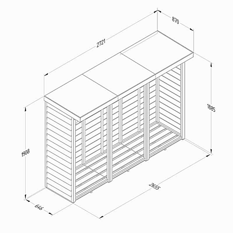 8'11 x 2'10 Forest Pent Large Overlap Log Store (2.7m x 0.9m) Technical Drawing
