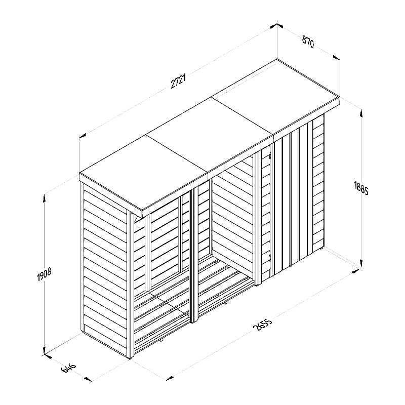8'11 x 2'10 Forest Pent Large Overlap Logstore with Tool Storage (2.7m x 0.9m) Technical Drawing