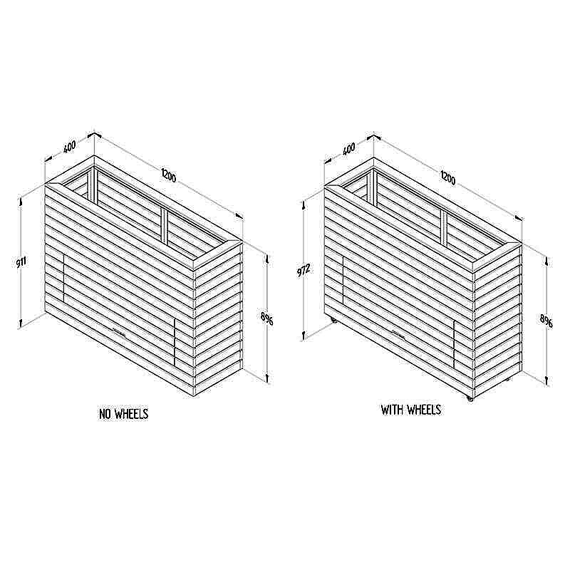 3'11 x 1'4 Forest Linear Tall Wooden Garden Planter with Storage and Wheels (1.2m x 0.4m) Technical Drawing