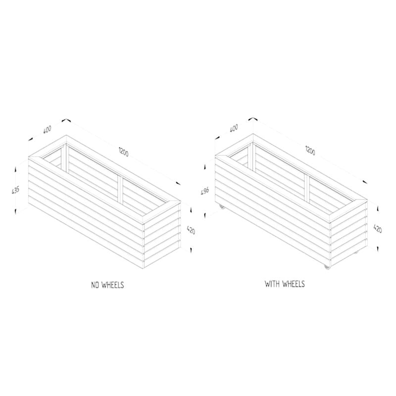 3'11 x 1'4 Forest Linear Long Wooden Garden Planter with Wheels (1.2m x 0.4m) Technical Drawing