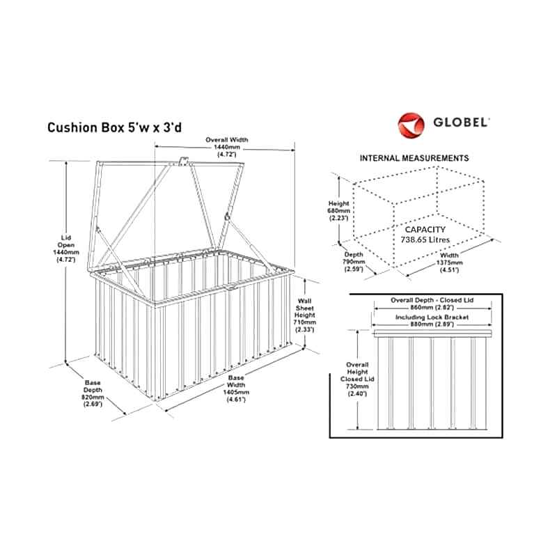 5x3 Globel Heritage Green Cushion Storage Box Technical Drawing