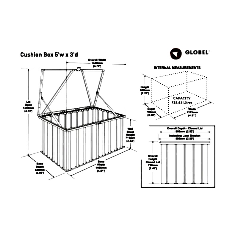 5x3 Globel Anthracite Grey Cushion Storage Box Technical Drawing