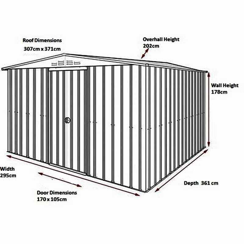 10' x 12' Globel Heritage Green Apex Metal Shed (3.07m x 3.71m) Technical Drawing