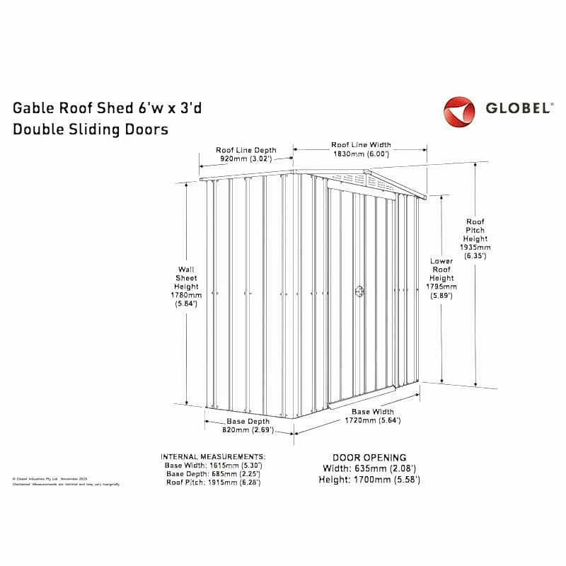 6' x 3' Globel Anthracite Grey Metal Shed (1.84m x 0.92m) Technical Drawing