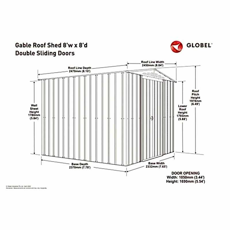 8' x 8' Globel Anthracite Grey Apex Metal Shed (2.45m x 2.47m) Technical Drawing