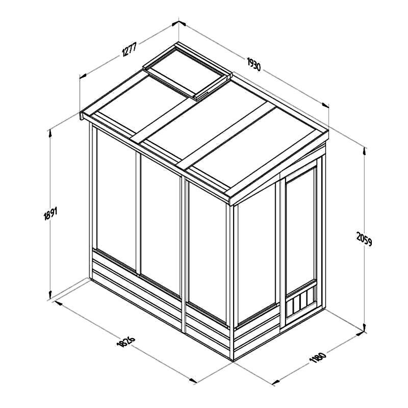 4' x 6' Forest Wallscape Lean To Greenhouse with Open Back (1.28m x 1.93m) Technical Drawing