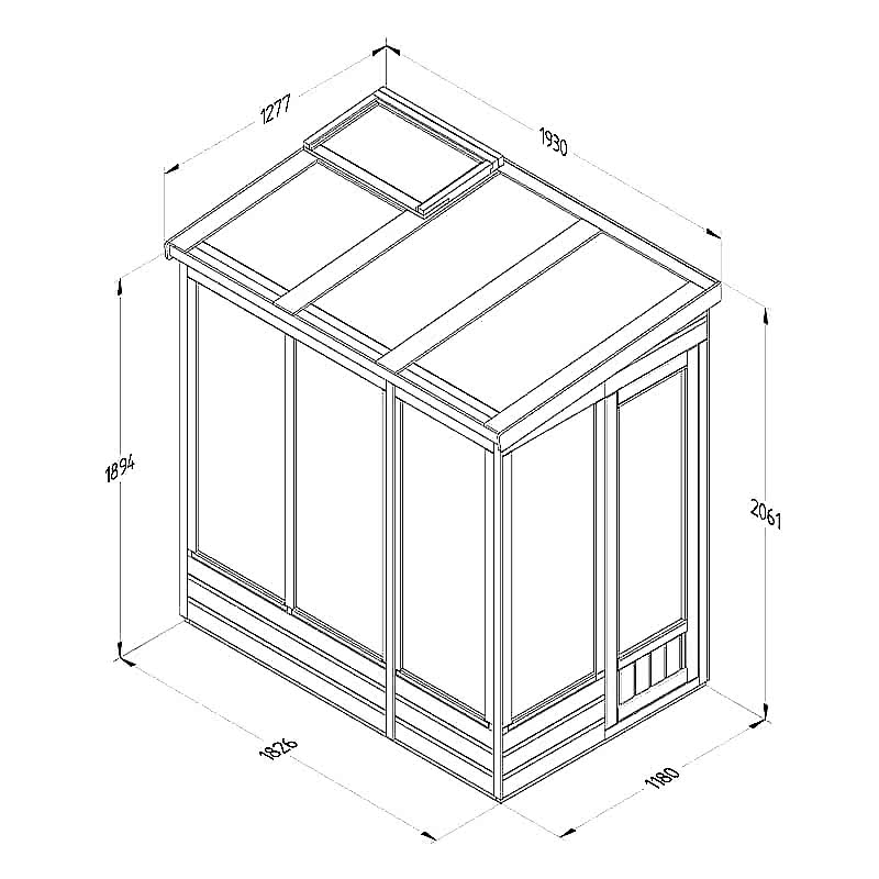 4' x 6' Forest Wallscape Lean To Greenhouse with Glazed Back (1.28m x 1.93m) Technical Drawing