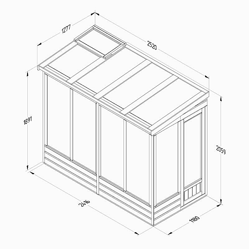 4' x 8' Forest Wallscape Lean To Greenhouse with Open Back (1.28m x 2.52m) Technical Drawing