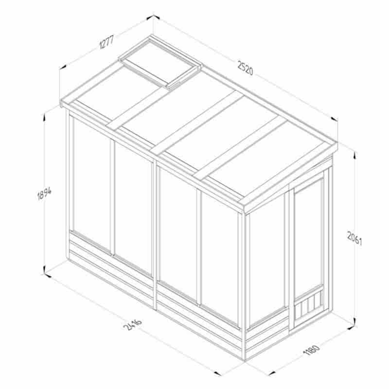 4' x 8' Forest Wallscape Lean To Greenhouse with Glazed Back (1.28m x 2.52m) Technical Drawing