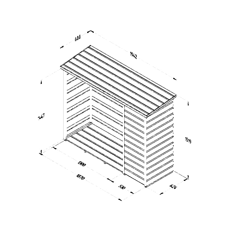 6'5 x 2'3 Forest Pent Logstore with Tool Storage (2m x 0.7m) Technical Drawing