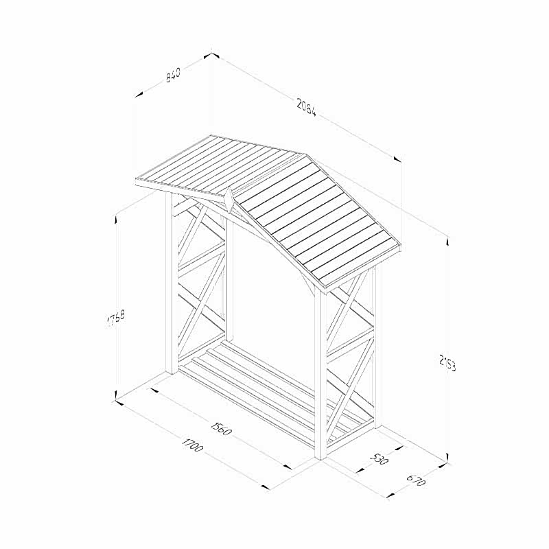 6'10 x 2'10 Forest Apex Large Logstore (2.1m x 0.9m) Technical Drawing