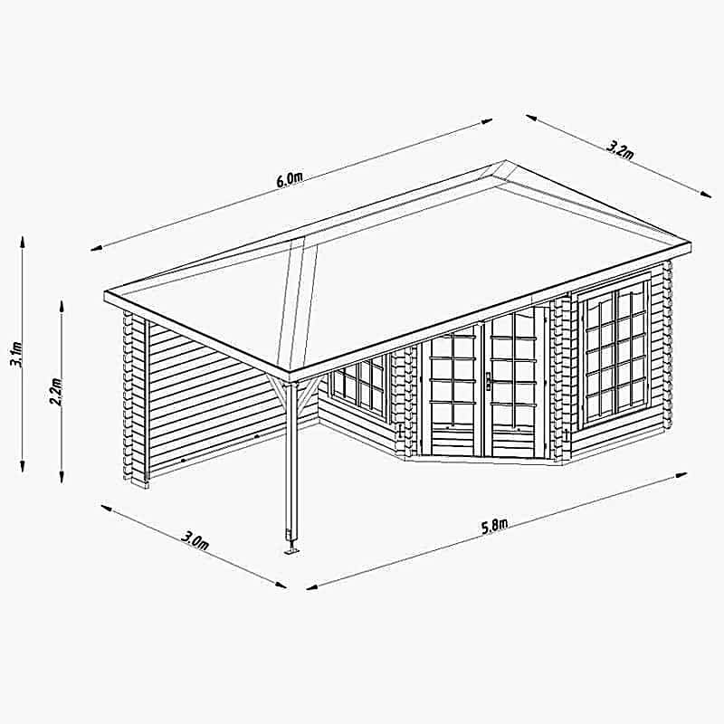 Palmako Melanie 5.7m x 3m Corner Log Cabin Summerhouse (28mm) Technical Drawing