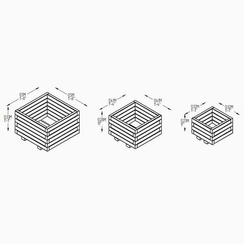 Forest Kendal Square Wooden Garden Planter 1'8x1'8 (0.5x0.5m) - Set of 3 Technical Drawing